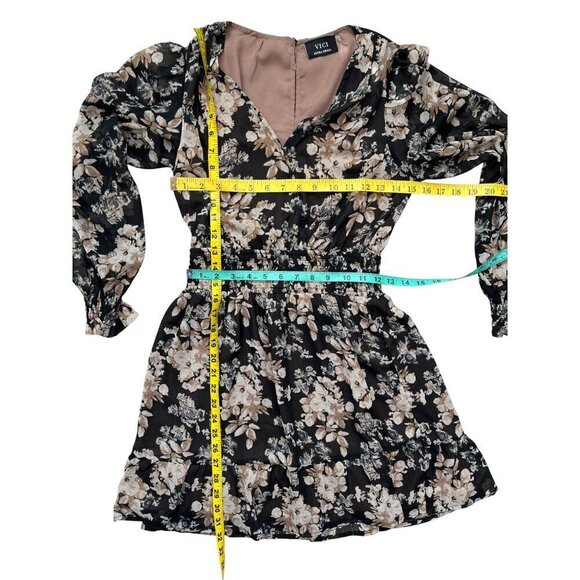VICI Brown Floral Long Sleeve Smocked Waist Mini Dress With Ruffled Hemline XS - Picture 11 of 12